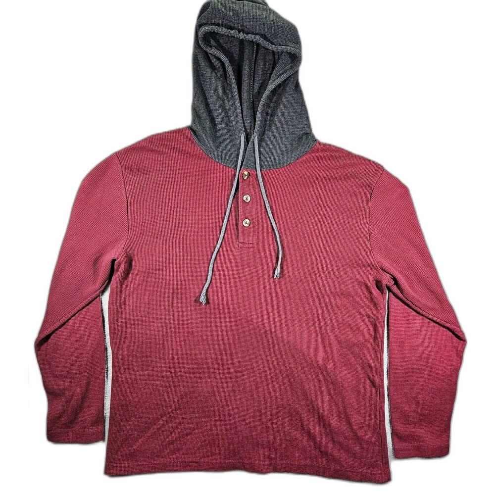Open Trails Mens Red Gray Hooded Thermal Long Sleeved Shirt Sz XL